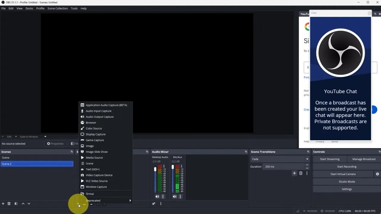 OBS Studio Add Source context menu open showing items such as Display Capture, Video Capture Device, Browser and Image.