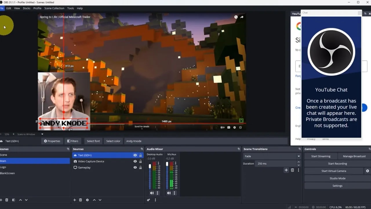 OBS Studio interface showing preview, scenes, sources and audio mixer meters