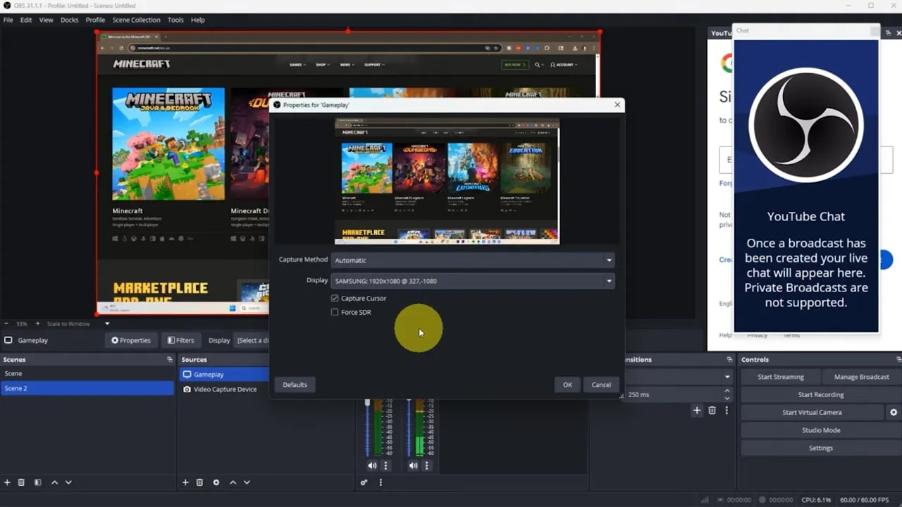 OBS Display Capture properties window showing monitor selection and capture cursor option