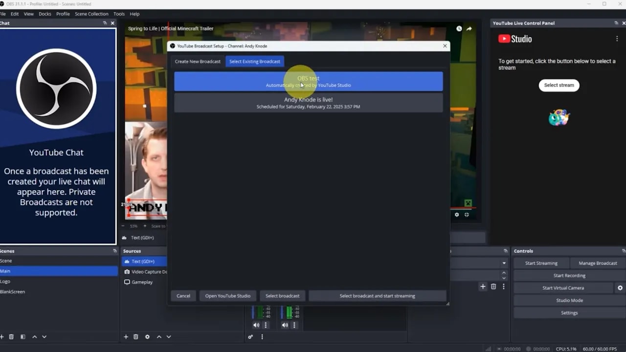 OBS Studio YouTube Broadcast Setup with 'OBS test' highlighted for selecting an existing broadcast