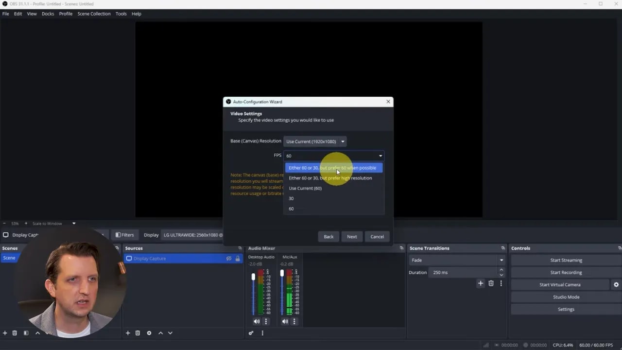Auto-Configuration Wizard open in OBS with FPS dropdown visible showing options