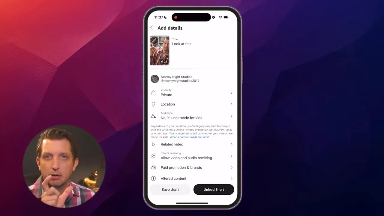 YouTube Shorts add details screen with circular presenter overlay on the left