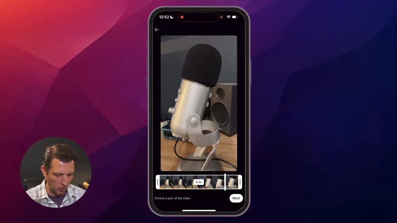 YouTube app on iPhone showing the trim timeline with thumbnails and a Next button