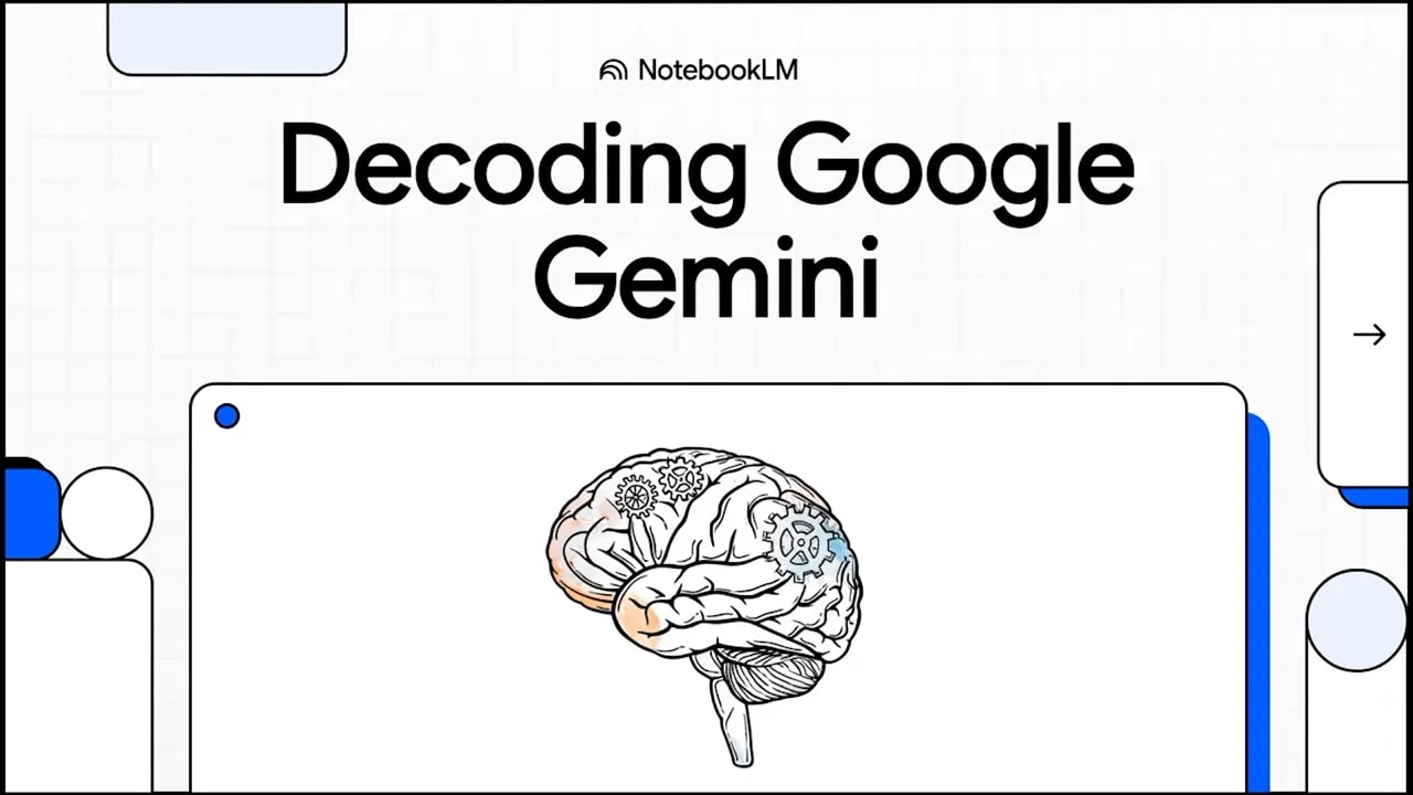 NotebookLM slide titled 'Decoding Google Gemini' with illustration of a brain