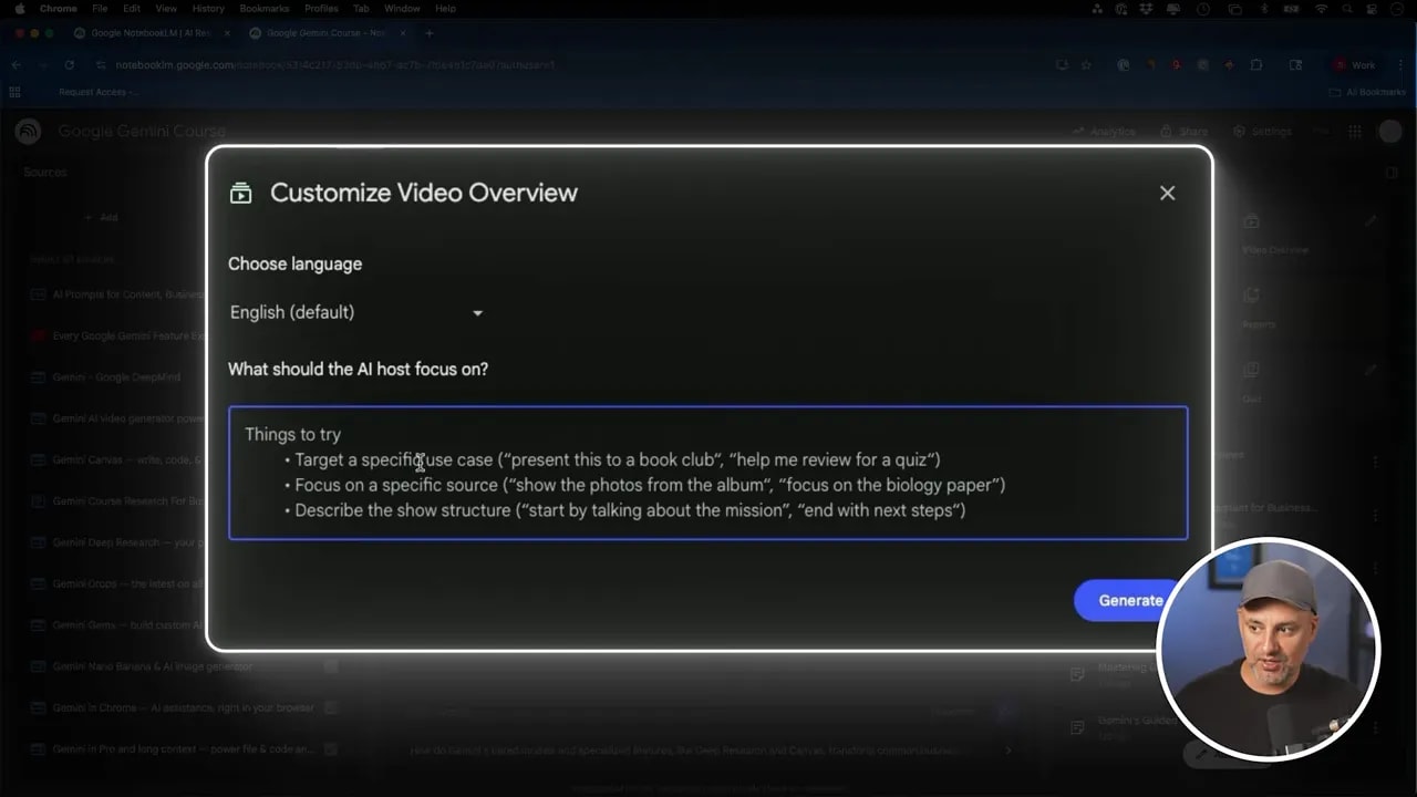 Full-screen 'Customize Video Overview' modal in NotebookLM with a visible Generate button and focus suggestions.