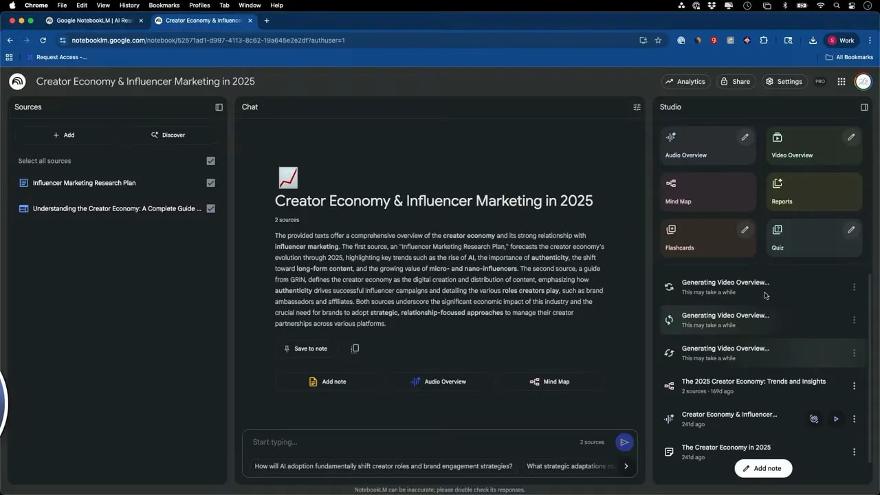 NotebookLM notebook interface with sources list, summary in the center, and Studio panel showing Video Overview, Audio Overview, Flashcards and Quiz options.