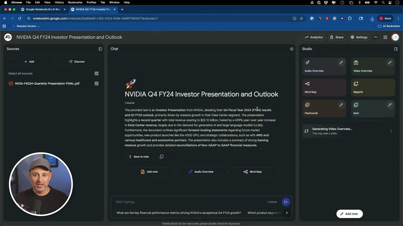 Wide NotebookLM screenshot showing the NVIDIA Q4 FY24 Investor Presentation and the Studio controls for creating a video overview.