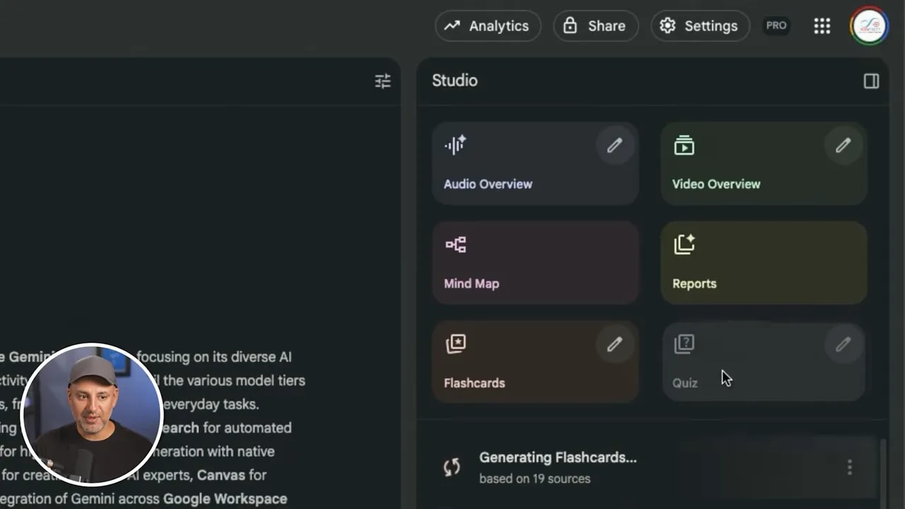 Full view of NotebookLM Studio menu with tiles for Audio Overview, Video Overview, Mind Map, Flashcards, and Quiz.