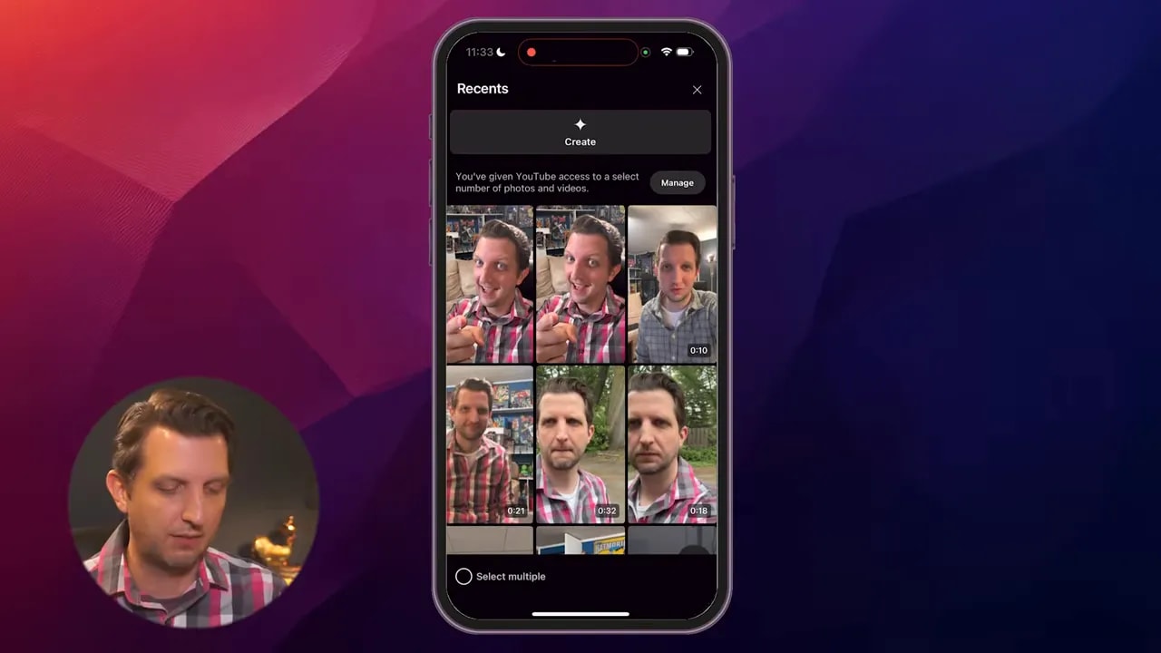 Mobile gallery view inside YouTube showing recent video thumbnails for selecting a clip.