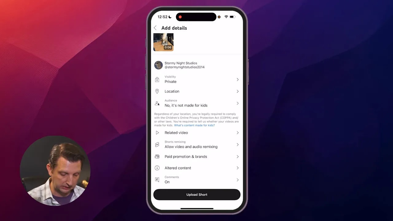 Clear view of iPhone YouTube 'Add details' page with visibility, location and audience options