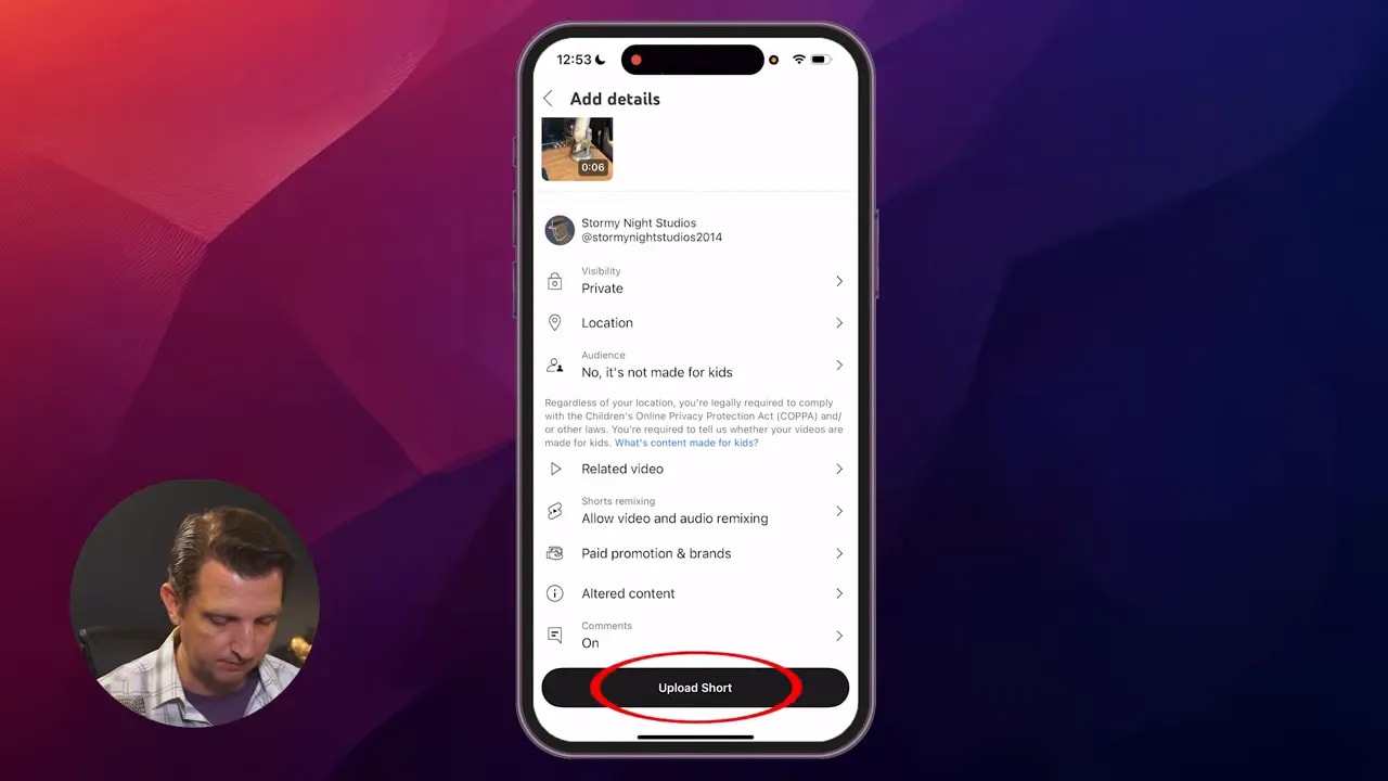 YouTube app add details screen on iPhone showing the Upload Short button