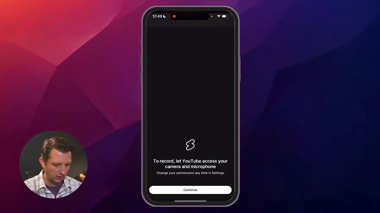 YouTube app permission screen on iPhone requesting access to camera and microphone with a Continue button