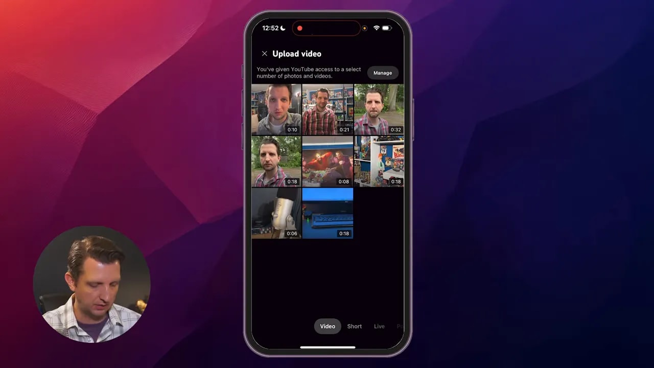 iPhone showing YouTube 'Upload video' camera roll grid with video thumbnails and durations