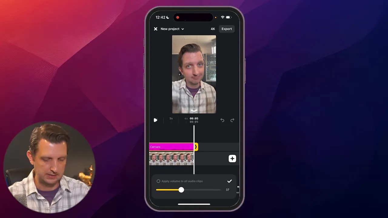 Edits app editor on a phone showing the timeline and a visible music volume slider for balancing audio.