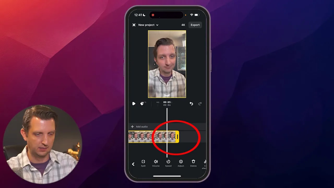 Instagram Edits mobile editor with a red circle around the right trim handle on the timeline, showing where to shorten the clip