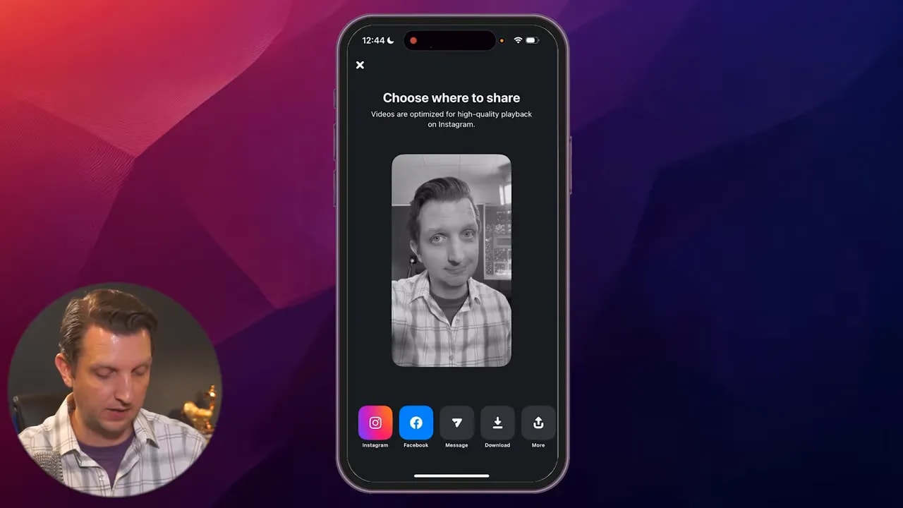 Export/share screen in the Instagram Edits app showing platform icons for Instagram, Facebook, Message and a download button