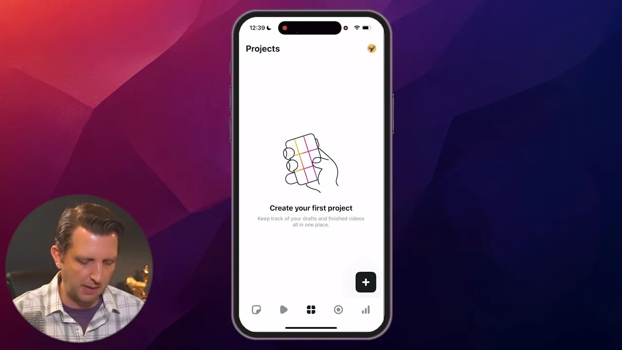 Phone displaying Instagram Edits Projects page reading 'Create your first project' with a circular presenter inset at lower-left.