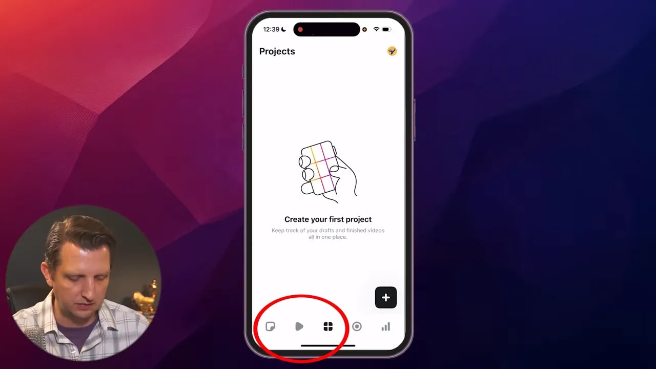 Instagram Edits app home with the play-arrow (Inspiration) icon circled in red in the bottom navigation.