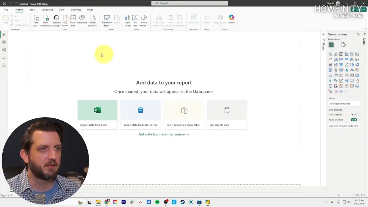 Power BI report canvas with add data options and fields pane