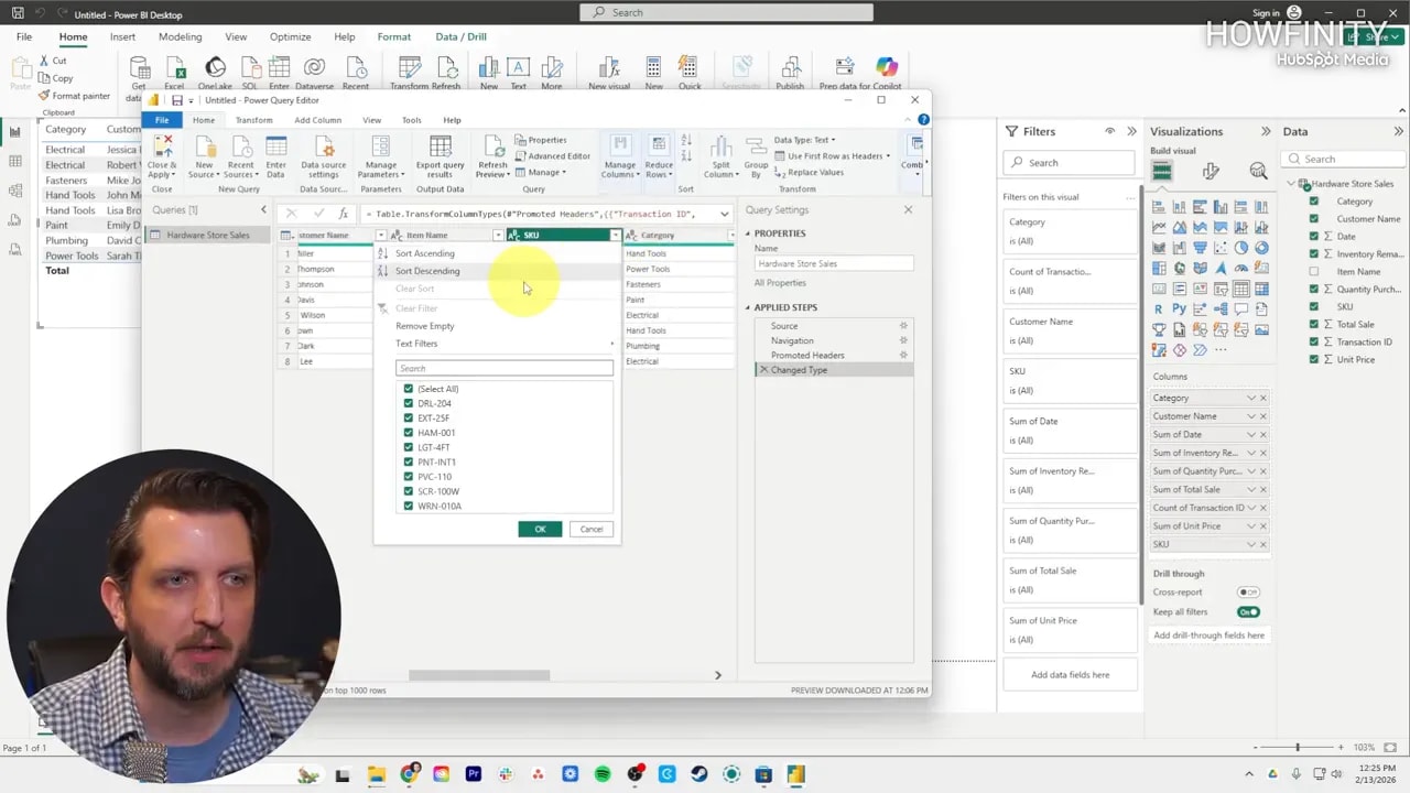Power Query editor showing data table and filter options